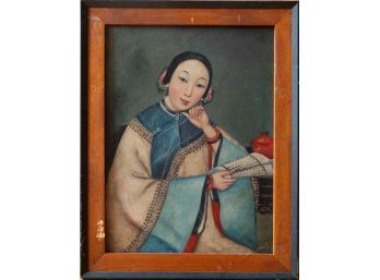 Old China Export Original Oil Painting 'Portrait Of Lady'
