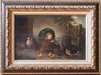 Antique Continental School Oil Painting Of Little Girl And Chicken