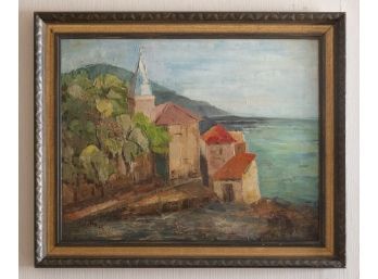 1961 Impressionist Oil Painting 'Houses On The Coast' Signed Vitalis 61