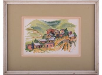 VIntage Modernist Watercolor On Paper 'Village Landscape'