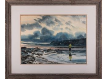 Impressionist Watercolor On Paper 'Surf Fisherman'