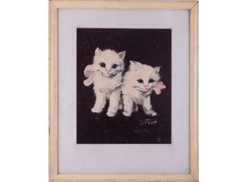 Vintage Art Deco Oil On Fabric 'White Kittens'