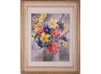 Vintage Impressionist Watercolor On Paper 'Flowers In Vase'