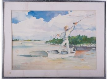 Vintage Impressionist Watercolor On Paper 'Fisherman'