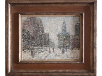Early 20th Century Impressionist Oil On Canvas Of New York Snow Scene Signed Guy Wiggins
