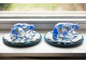 A Pair Of Glass Figure Of Polar Bears And Abalone Base