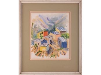 VIntage Modernist Watercolor On Paper 'Village Scene'