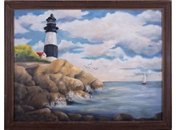Early 20th C. Impressionist Oil On Canvas 'Lighthouse Near Coast'