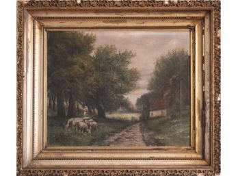 Antique Continental School Original Oil Painting With Gold Gilt Frame