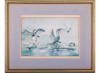 Early 20th C. Impressionist Watercolor On Paper 'Swans'