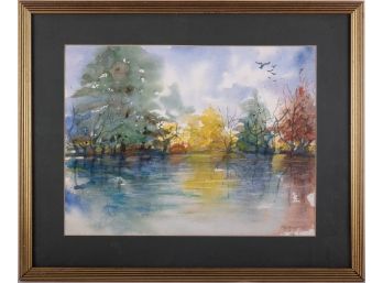 Vintage Impressionist Watercolor On Paper 'Autumn River'