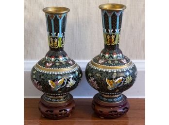 A Pair Of Old Cloissone Bronze Vases