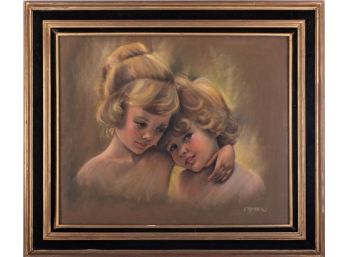 Early 20th Century Impressionist Pastel On Velvet 'Baby Girls'