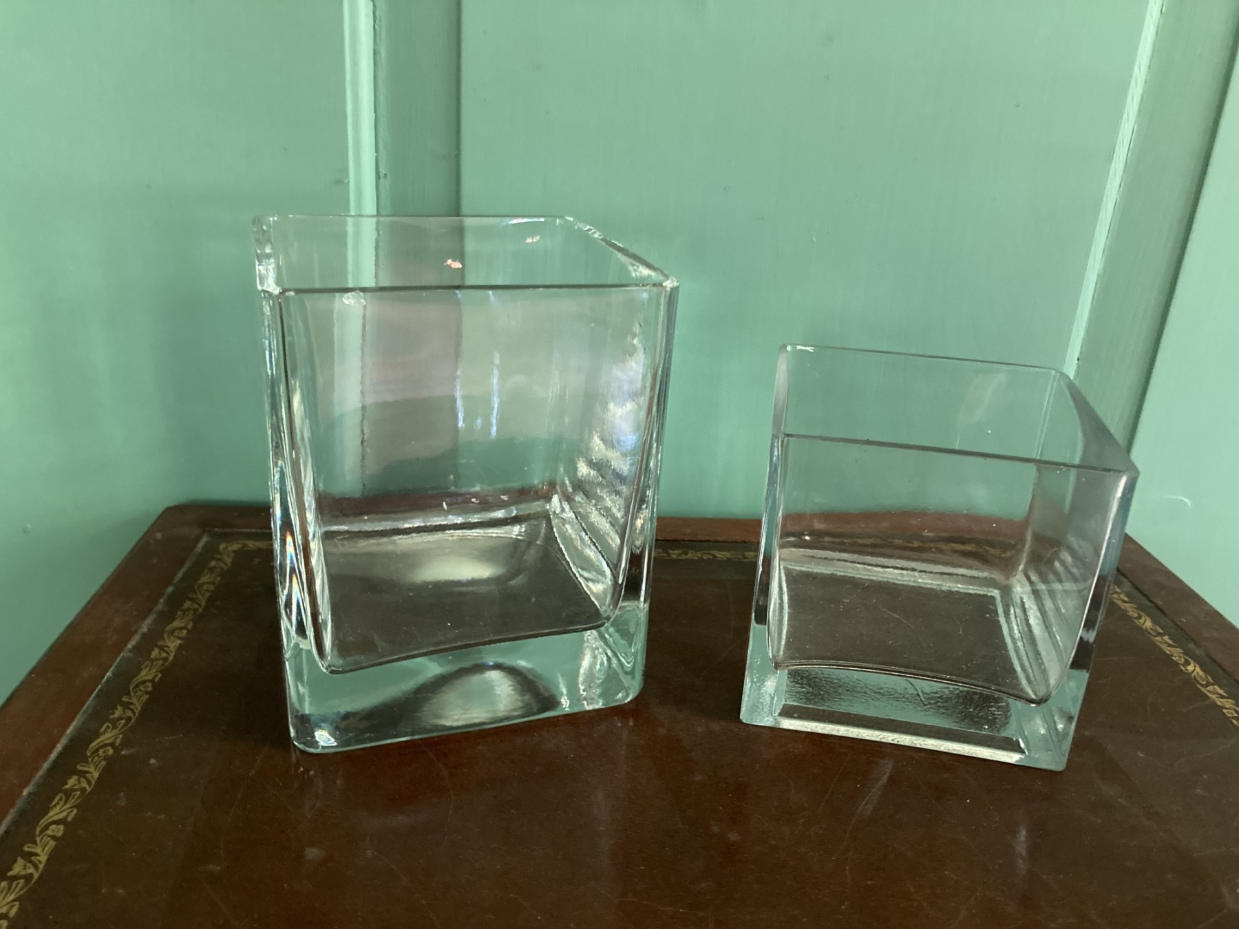 2 Square Heavy Glass Vases 1259 