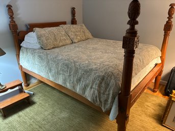 Queen Antique Wood 4 Post Bed Frame With Stairs, Mattress, Boxspring And Bedding