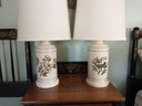 Two Vintage Porcelain Table Lamps Matching Bird & Flowers