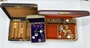 Three Vintage Boxes With Button Covers And Cufflinks
