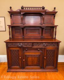 Gothic Finely Carved European Walnut (?) Credenza Cabinet With Gallery Rail