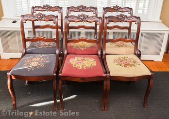 Set Of 7 Antique Chairs W/ Cross-stitch Seats (6 Standard, One Captain)