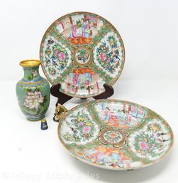 Chinese Export Rose Medallion Plates Cloisonne Vase