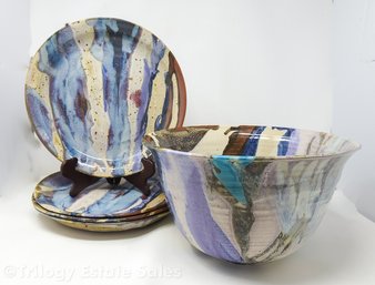Artisan Stoneware Pottery Set Of Bowl & Matching Plates