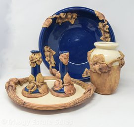 Vintage 1986-7 Terrafirma Stoneware Pottery Grape Leaf Motif Bowl, Candlesticks, Vase And Small Corn Platter