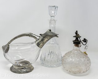 Etain Wine Decanter, Repaired Antique Etched Glass Decanter With Satyr Topper, Glass Decanter With Top