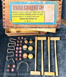 Antique Table Croquet Game In Original Wooden Dovetail Box
