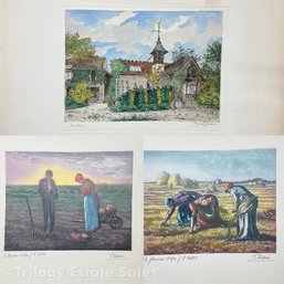 Three Barbizon Colored Etchings By Marcel Jacques And T. Fazano