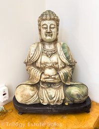 Monumental Solid Nephrite Jade Seated Guan-Yin Carving And Wooden Corner Plinth