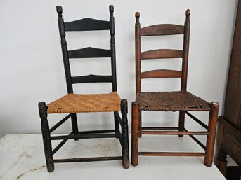 Two Antique Ladder Back Side Chairs With Rush And Woven Cane Seats