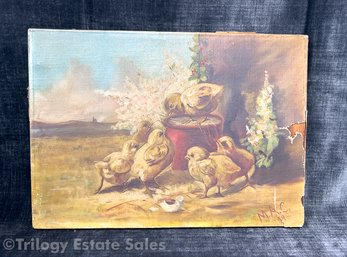 Charming 1896 Painting Of Chicks Signed M.A.C.   - AS IS - `