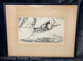 Yngve Edward Soderberg Signed Etching Of Yacht Racing Sailors On Rail 'Stormy Weather'