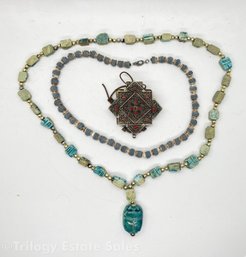 Three Necklaces: Indonesian, Egyptian & Rough Blue Stone