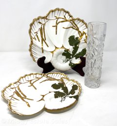 Tiffany Pieces English Bone China Oyster Plates And 8' Rock Cut Crystal Bud Vase