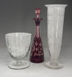Three Cut Glass Pieces: Two Clear Etched One Czech Glass Cruet