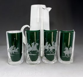 Ralph Lauren Crystal Etched Polo Players High Ball Set Of 4 Glasses And Glass Pitcher