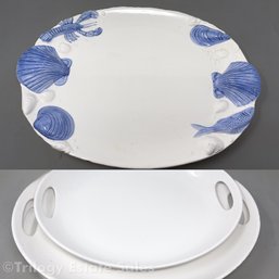 Set Of 4 Serving Platters (3 Plain White From Portugal, One Japanese Blue Sealife Majolica)