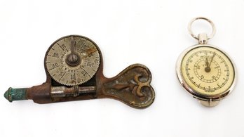 Woodmans Antique Tachometer With Abercrombie & Fitch Vintage Map Measurer Compass