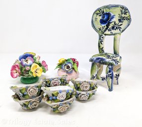 Porcelain Flower Baskets,  Set Of 12 Floral Salt Cellars & Ceramic Hand-Painted Chair