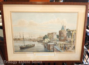 Hand-Colored Etching Of Amsterdam Harbor View