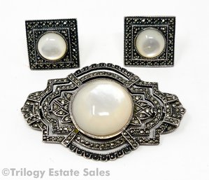Vintage 1970s Judith Jack Sterling Silver And Marcasite Earrings And Brooch