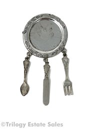 Antique Sterling Silver Plate With Flatware Brooch