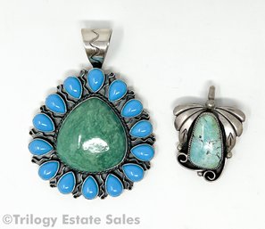 Two Sterling Silver Pendants With Turquoise And Southwestern Style