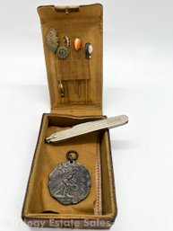 Diges & Clust Sterling 1905 Tennis Medal Plus 10k White Gold Pocket Knife, And Stick Pins