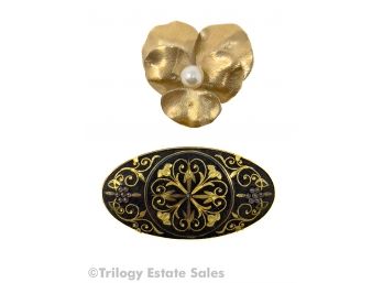 Krementz Gold Tone Violet Brooch With Pearl Center & Aesthetic Movement Damascene Brooch