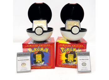 1999 Pokemon Gold Plated Trading Cards #25 Pikachu & #61 Poliwhirl W/ COA's And Box