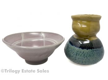 Unsigned Ceramic Glazed Pot & Lavendar Glazed Bowl