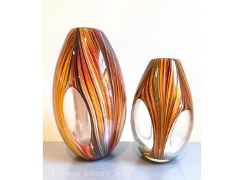 Two Orange Red Art Glass Vases Two Sizes Not Signed
