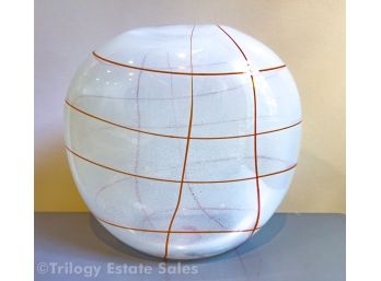 Henry Dean Signed Art Glass Frosted White With Red Lines Vase
